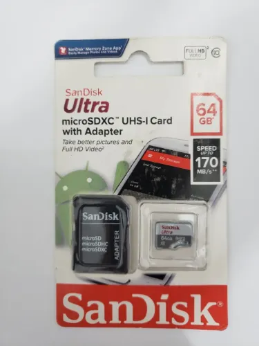 Cartão de Memória SANDISK 64 GB - ULTRA FULL HD c/ Adaptador Novo Velocidade 170 MB/s
