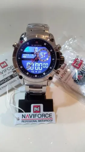Relógio masculino NAVIFORCE cromado LED azul