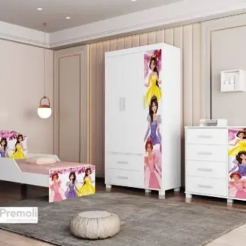 Conjuto livia Comoda Roupeiro e Cama infantil 100%