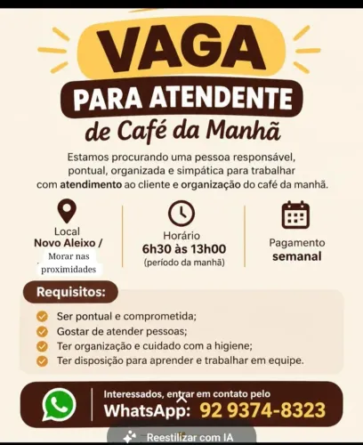 Atendente para café com disponibilidade de horário 