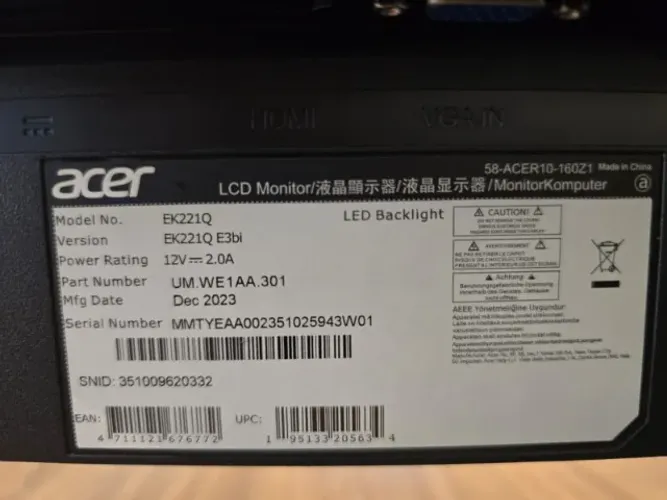 Monitor Acer 21,5" Full HD 100Hz (EK221Q E3bi) - Excelente Estado