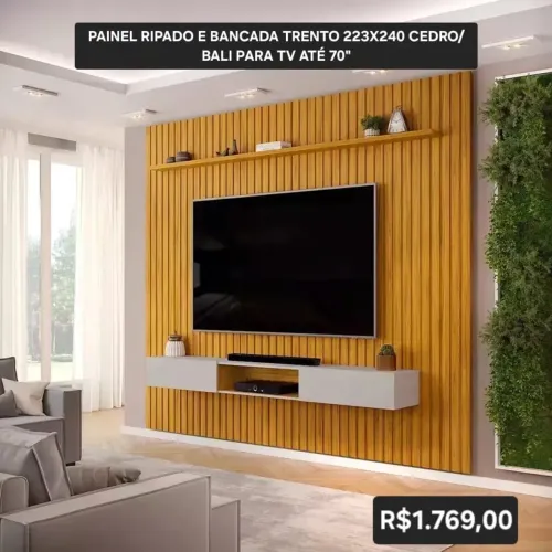 PAINEL RIPADO E BANCADA TRENTO 223X240 CEDRO/ BALI PARA TV ATÉ 70"