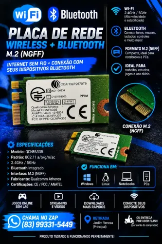 Placa Wi-Fi M.2 Qualcomm Atheros QCNFA335 2.4/5GHz + Bluetooth