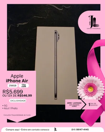 IPHONE AIR, 5G, 256GB, CHIP ESIM, LACRADO, EXCLUSIVO!
