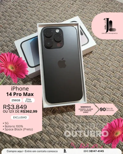 IPHONE 14 PRO MAX, 5G, 256GB, CHIP FÍSICO, BAT 100%, SPACE BLACK, SEMINOVO , EXCLUSIVO!