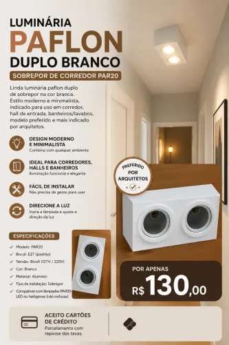 Luminária Paflon duplo branco sobrepor de corredor par20