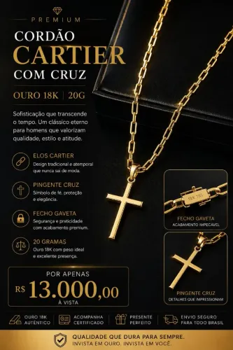 Cordão Ouro 18k 20g 60cm + Pingente Cruz 