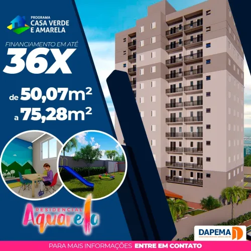 Lançamento Residencial Aquarela, Apartamentos de 50,07m2 a 75,28m2, 2 Dormitórios, Varanda