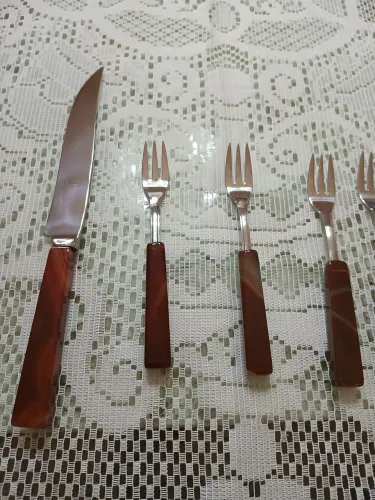 Conjunto Bolo ..cabo Ágata Natural + aço Meridional Vintage Anos 80 NOVO Faca + 6 Garfos