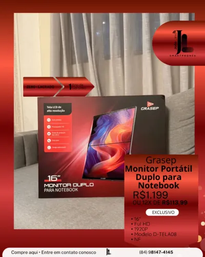 MONITOR GRASEP PORTÁTIL DUPLO PARA NOTEBOOK, 16 POL., LACRADO, EXCLUSIVO!