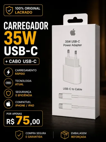 ? Carregador Apple 35W USB-C + Cabo USB-C por R$ 55,00!