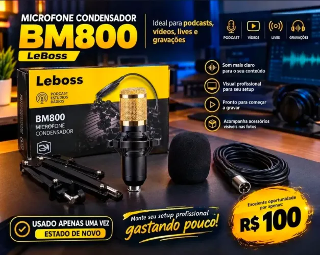 Microfone Condensador LeBoss BM800 Completo Usado Apenas Uma Vez por R$ 70,00