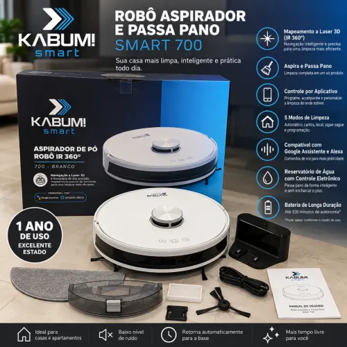 Robô Aspirador e Passa Pano Kabum! Smart 700 Branco - Muito Conservado
