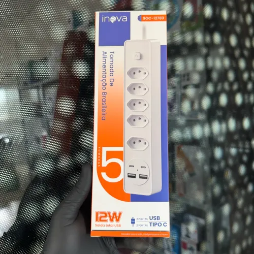 Filtro de Linha 5 Tomadas + 4 Portas USB (Tipo C e A) Inova 12W