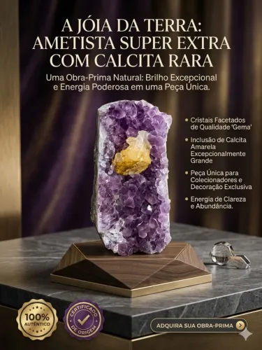 Linda drusa de ametista com calcita grande amarela e brilho fino nos cristais.