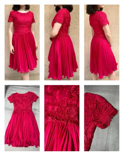 Vestido de Festa Midi Rosa Pink com Renda e Saia Plissada