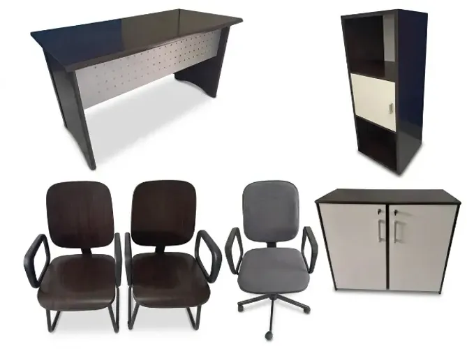 Mesa de escritório c/ cadeiras, armário e estante