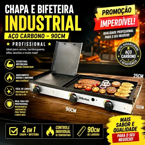 Chapa e Bifeteira Para Carnes Industrial Aço Carbono 90cm PROFISSIONAL- PROMOÇÃO