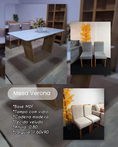 Conjunto Mesa Verona 1,60x0,90 c/ 4 cadeiras tampo com vidro,
