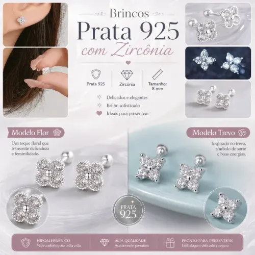 Brinco Trevo ou Flor Zircônia Prata 925 8mm