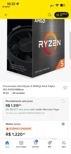 Processador Ryzen 5 5600gt - Nunca usado, com nota fiscal