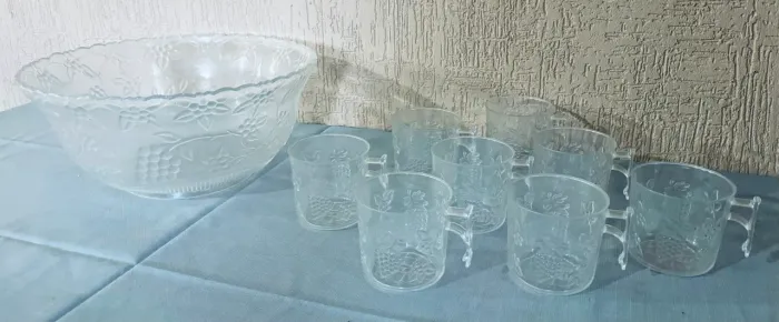 Poncheira Vintage Anos 80 Acrílico Desenho Uva - 9 Peças
