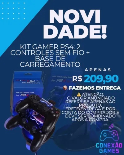 Kit Gamer PS4: 2 Controles Sem Fio + Base de Carregamento