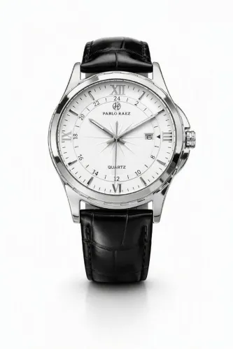 Relógio Deluxe Pablo Raez Silver Black White Social Pulseira Couro Preta Muito Elegante