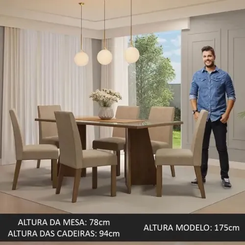 Conjunto Mesa de Jantar 6 Lugares Tampo de Vidro Valerie Madesa