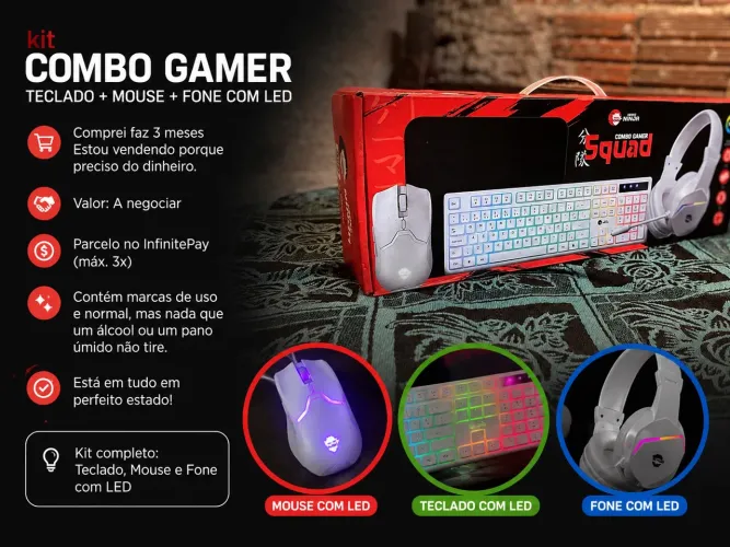 ($90 )KIT GAMER SQUAD - TECLADO + MOUSE + FONE COM LED