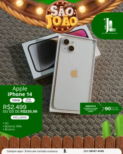 IPHONE 14, 5G, 128GB, CHIP FÍSICO, BAT 94%, SEMINOVO, EXCLUSIVO!