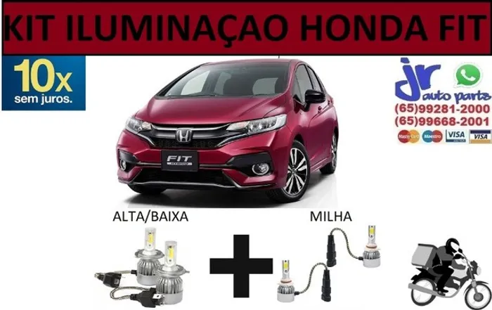 Kit Lampada Ultra LED (Alta/Baixa e Milha) Honda Fit 6000K 12V 24V