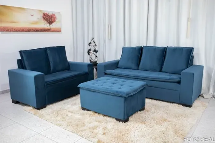 Sofá 3 e 2 lugares França c Puff Veludo Azul Receba Hoje - Frete Grátis