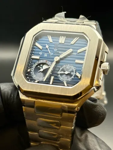 Relógio Masculino Patek Corda Manual - Quadrado Azul ou Verde Preto Fundo Transparente