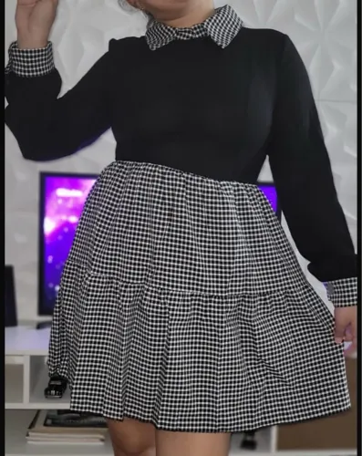 Vestido Xadrez Preto e Branco com Gola