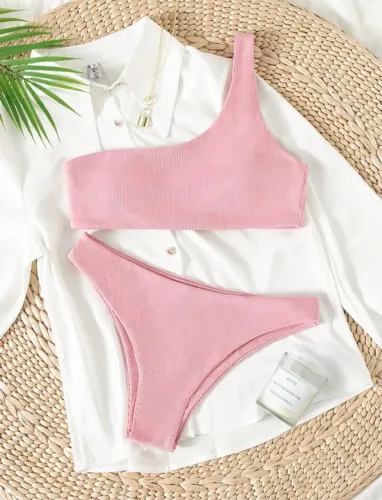 Biquíni Rosa Ribbed One-Shoulder