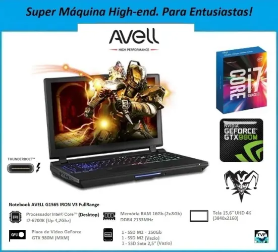 Notebook Gamer Avell G1565 Titanium Tela 4k CPU I7 6700k GPU GeForce MXM GTX 980m 8Gb