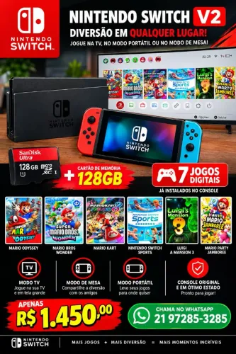 Nintendo Switch V2 + Cartão de Memória 128GB + 7 Jogos Digitais + Case Mario