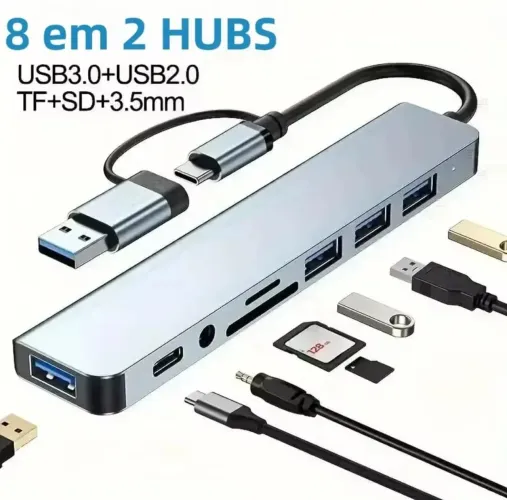 Hub 8 em 2 Tipo C USB