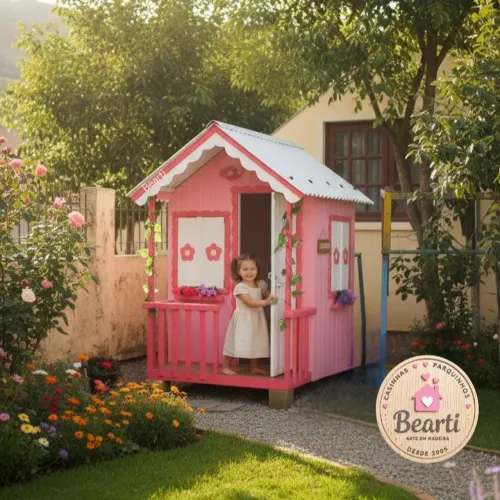 Casinha de boneca rosinha de madeira com flores, casa de jardim infantil