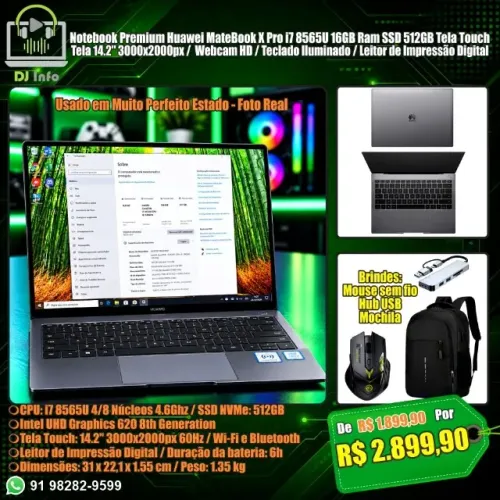 Notebook Premium Huawei MateBook X Pro i7 8565U 16GB Ram SSD 512GB Tela Touch