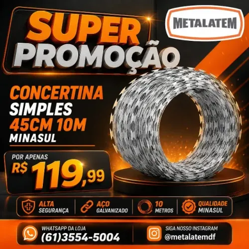 Concertina Simples Galvanizada 45 Cm X 10 Metros Minasul