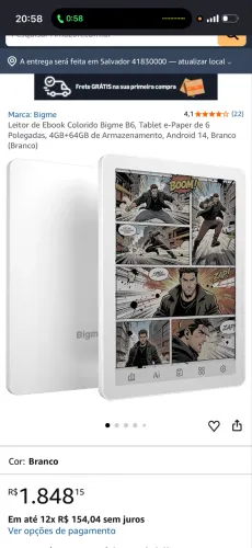 Leitor de Ebook Colorido Bigme B6, Tablet e-Paper de 6 Polegadas, 4GB+64GB Android 14