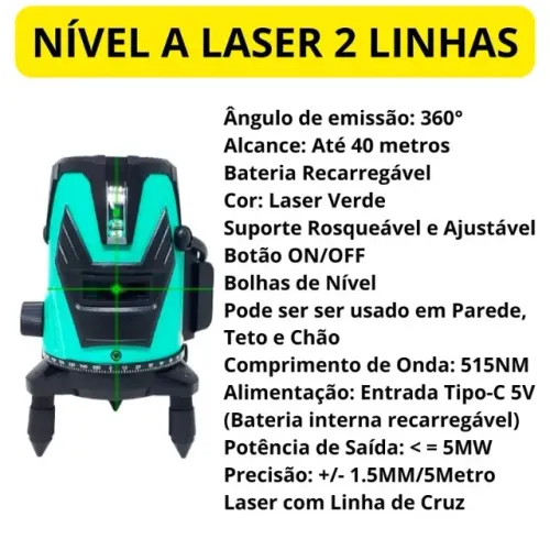 Nível Laser 2 Linhas Bateria Recarregável Led Verde