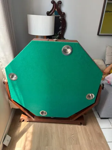 Mesa de Carteado Antiga Octogonal - Tampo Reversível (Feltro/Madeira) com Porta-Copos