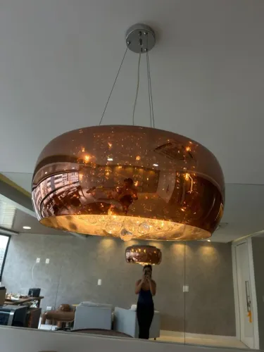 Lustre Pendente Moderno Dourado Rose<br>Espelhado Grande