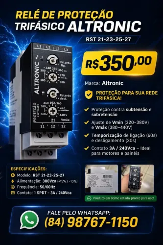 Relé Monitor de Tensão Trifásico Altronic, modelo da série RST