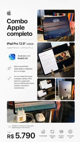 Combo Apple completo: Ipad Pro 12 + caneta + airpods pro 2