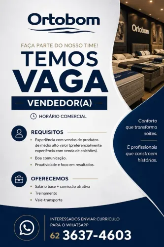 VAGA PARA VENDEDOR(A) DE COLCHÃO COM EXPERIÊNCIA