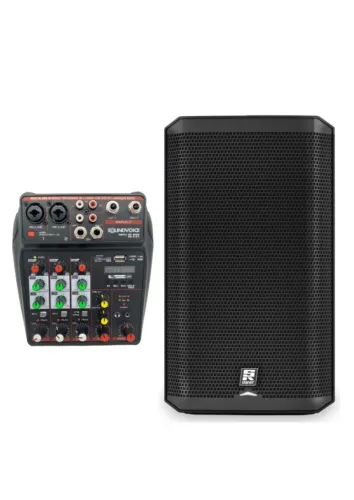 Caixa Som Ativa Zs15 500w Bt Tws 15 Dsp + Bag Staner + Mesa de som Console Soundvoice MC4-